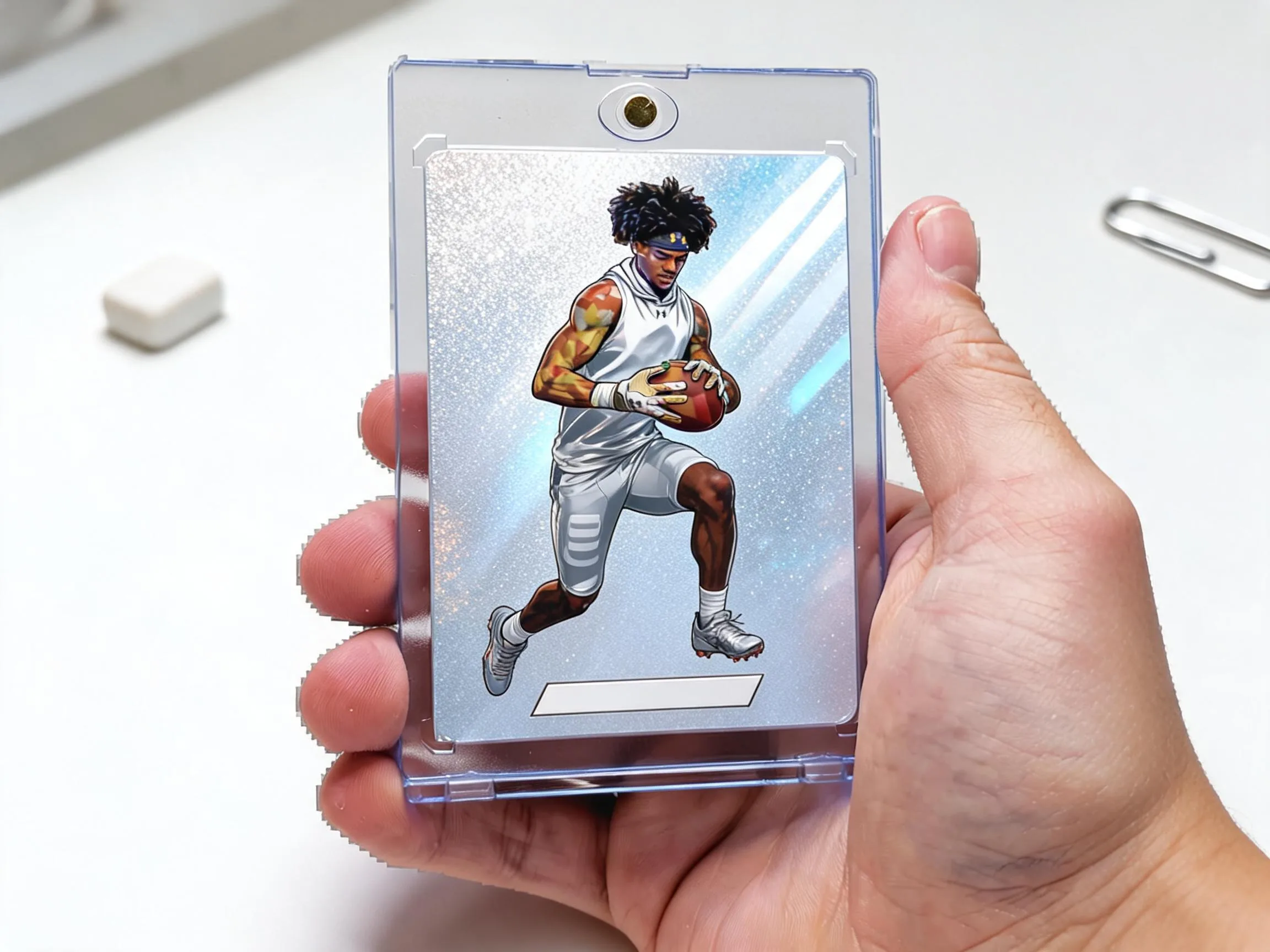 Custom keepsake trading card in clear magnetic case, icy silver-blue refractor design on white tabletop