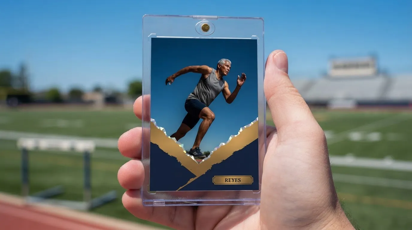 Hand holding magnetic case with senior night posters trading card, diagonal gold and navy frame design.