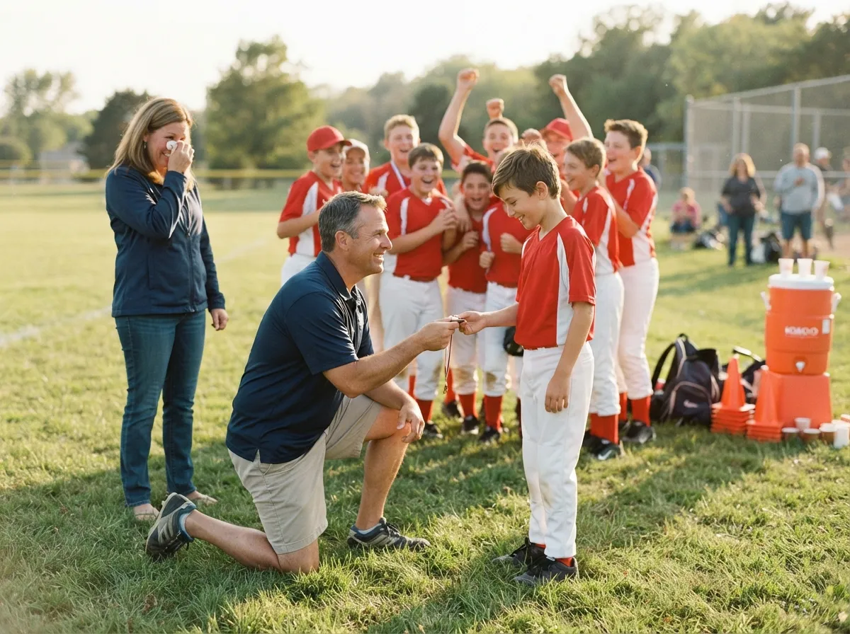 Coach shares proud moment with young athlete on field as teammates celebrate nearby.
