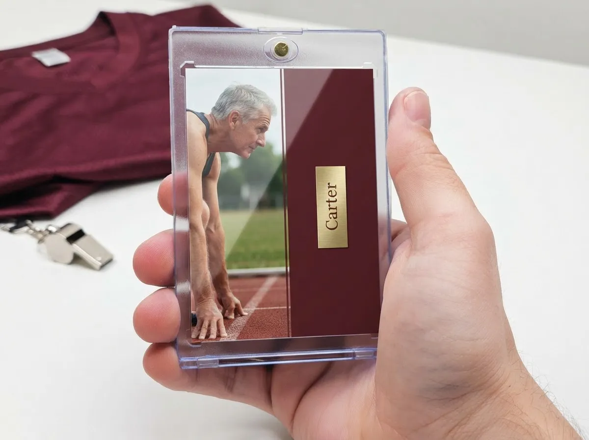 Custom sports trading card in magnetic case, maroon foil nameplate beside action photo.