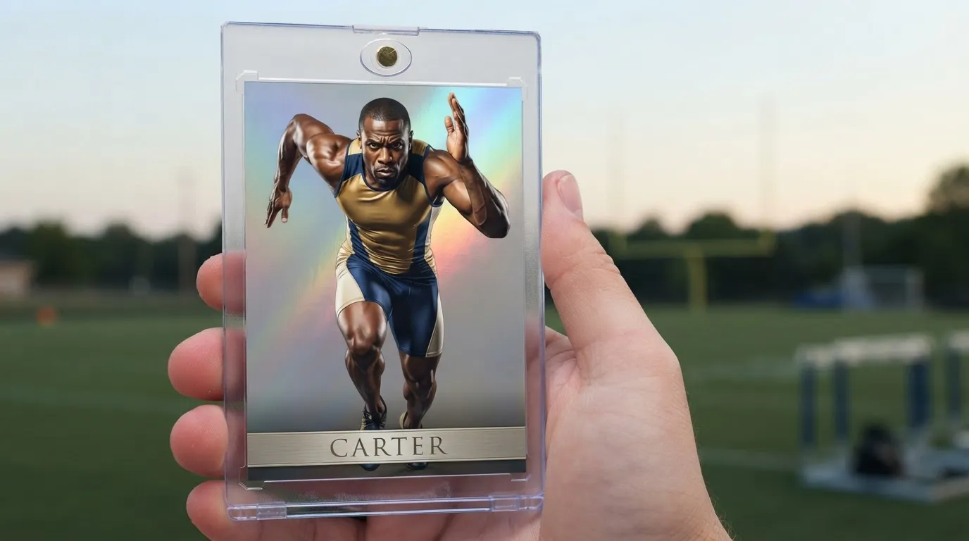 Hand holding magnetic case with senior night quotes trading card featuring a sprinting athlete design.