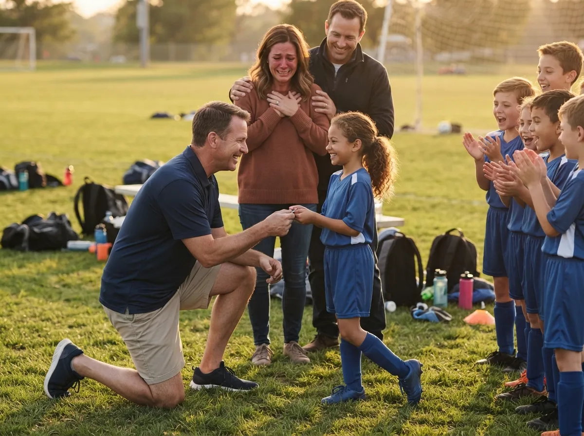 Coach and cheering teammates share emotional senior night moment with young athlete outdoors.