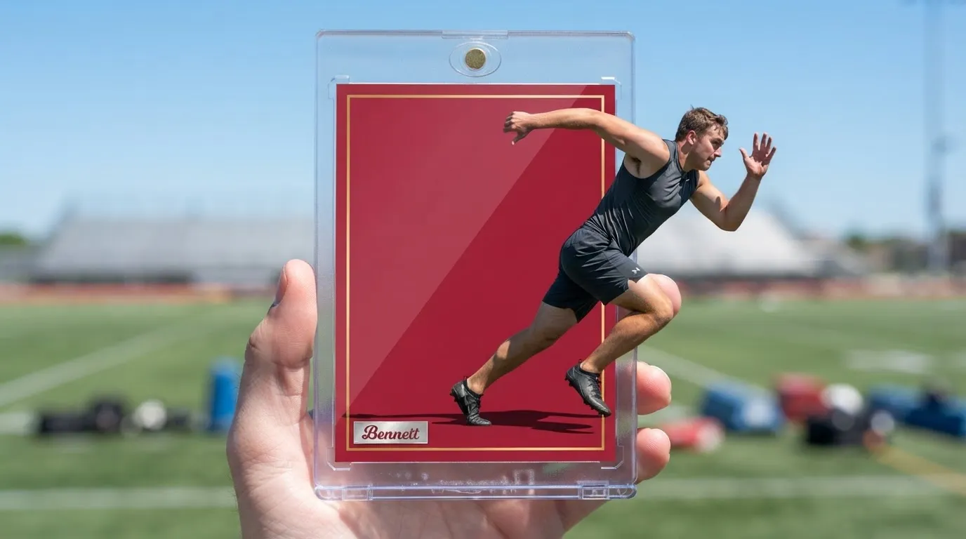 Hand holding magnetic case with premium senior night table ideas trading card, athlete bursting past crimson frame edge.
