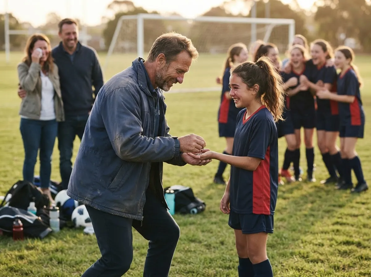 Coach and proud parents celebrate with young athlete during emotional senior night field moment.