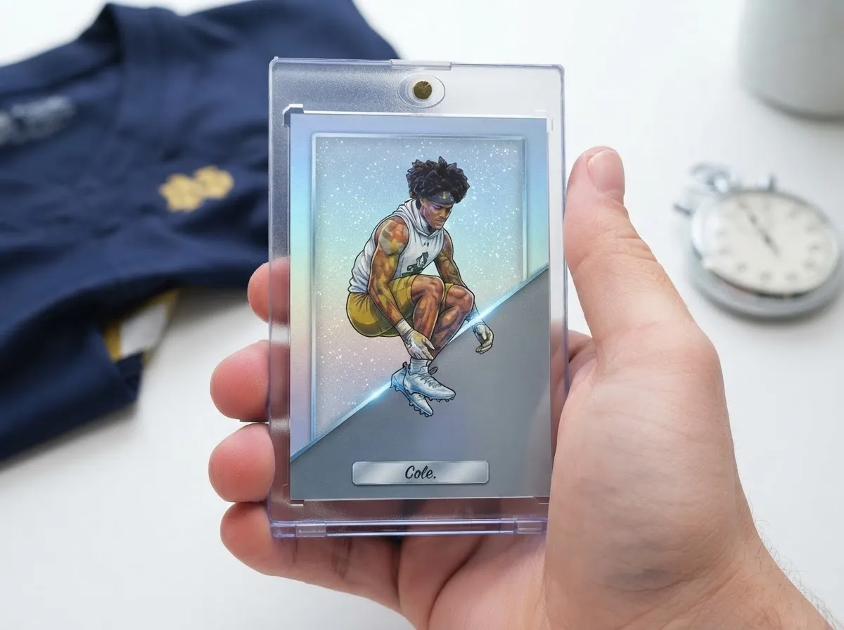 Custom sports trading card in magnetic case, icy blue refractor design with frozen mid-jump athlete pose.