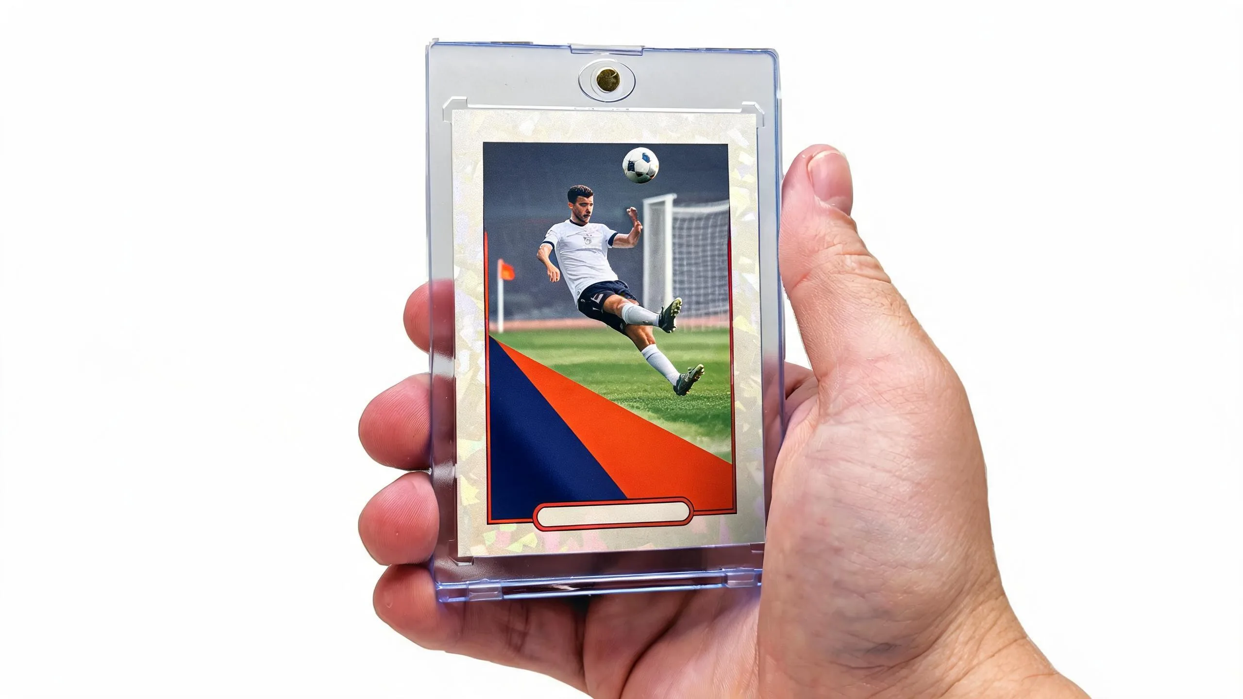 Hand holding magnetic case with senior soccer banner ideas card showing a volley kick pose.