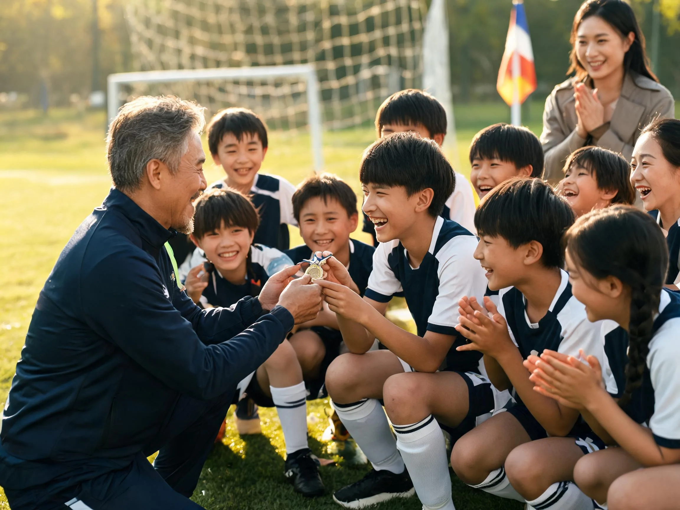 Coach and young soccer player share proud celebration moment on sunlit field.