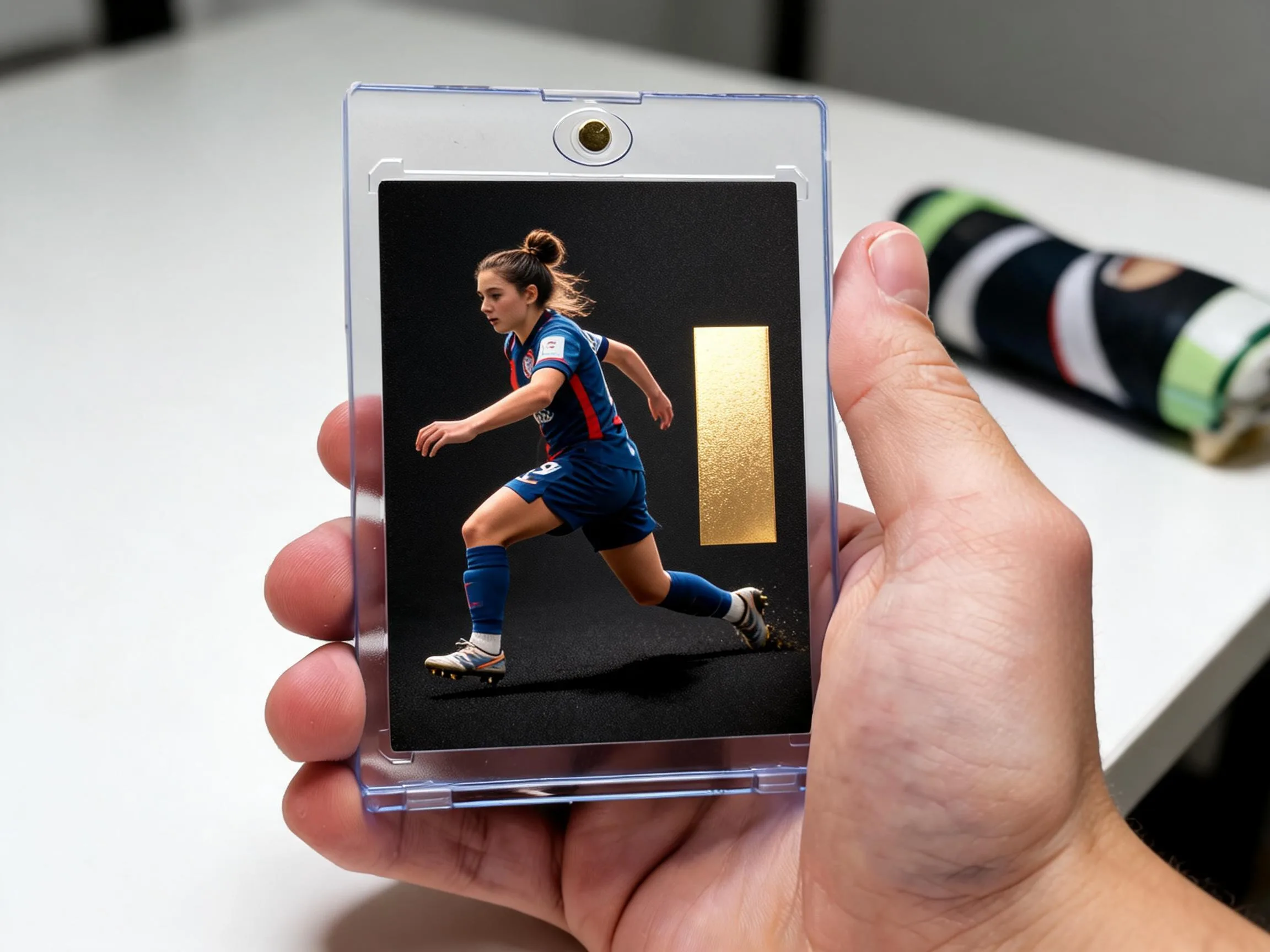 Custom soccer trading card in magnetic case resting on white tabletop display.