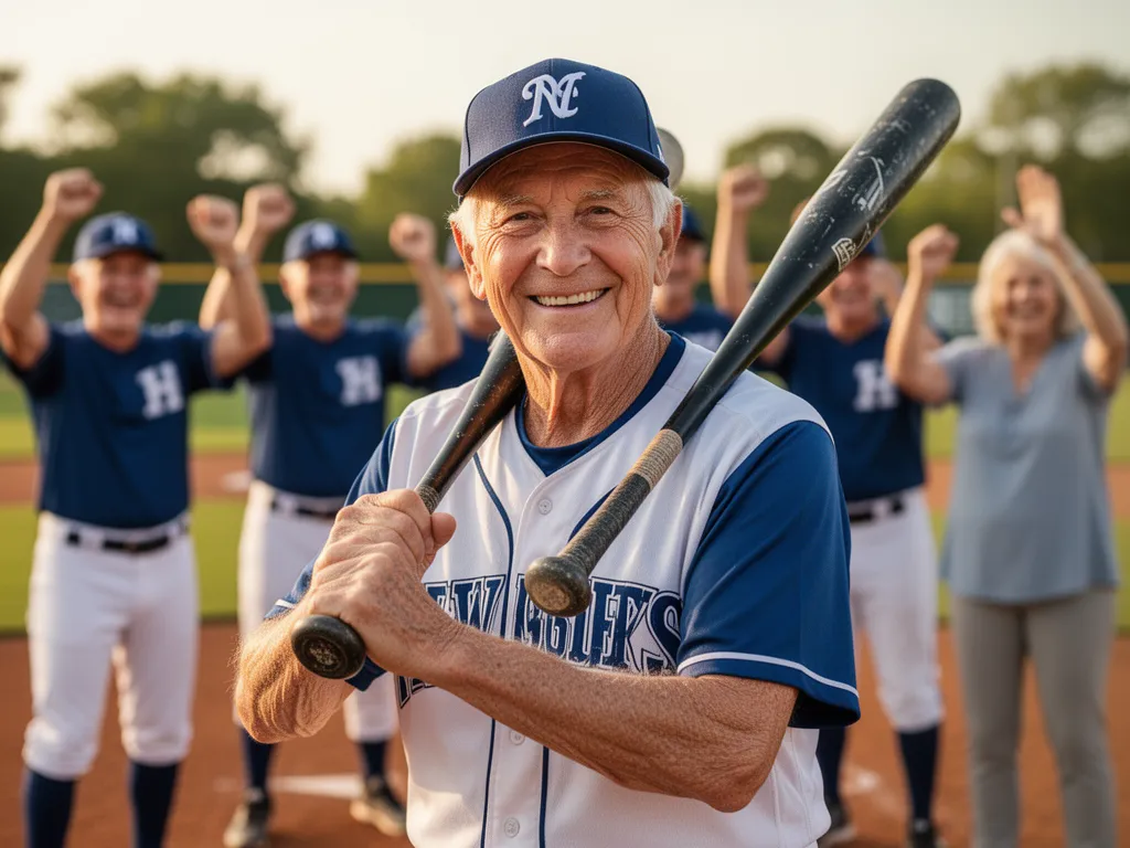 Senior softball player smiling with supportive teammates and parents celebrating in background