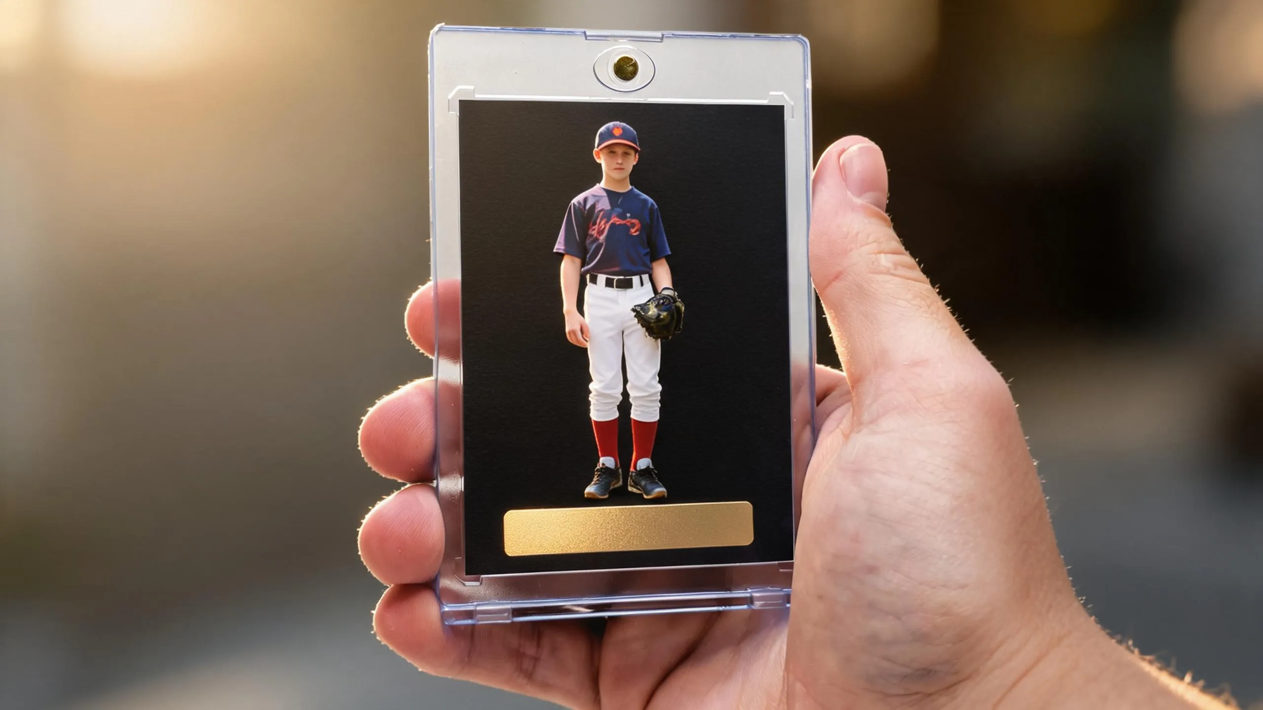 Hand holding magnetic case with premium senior sports banner ideas keepsake trading card, golden light.