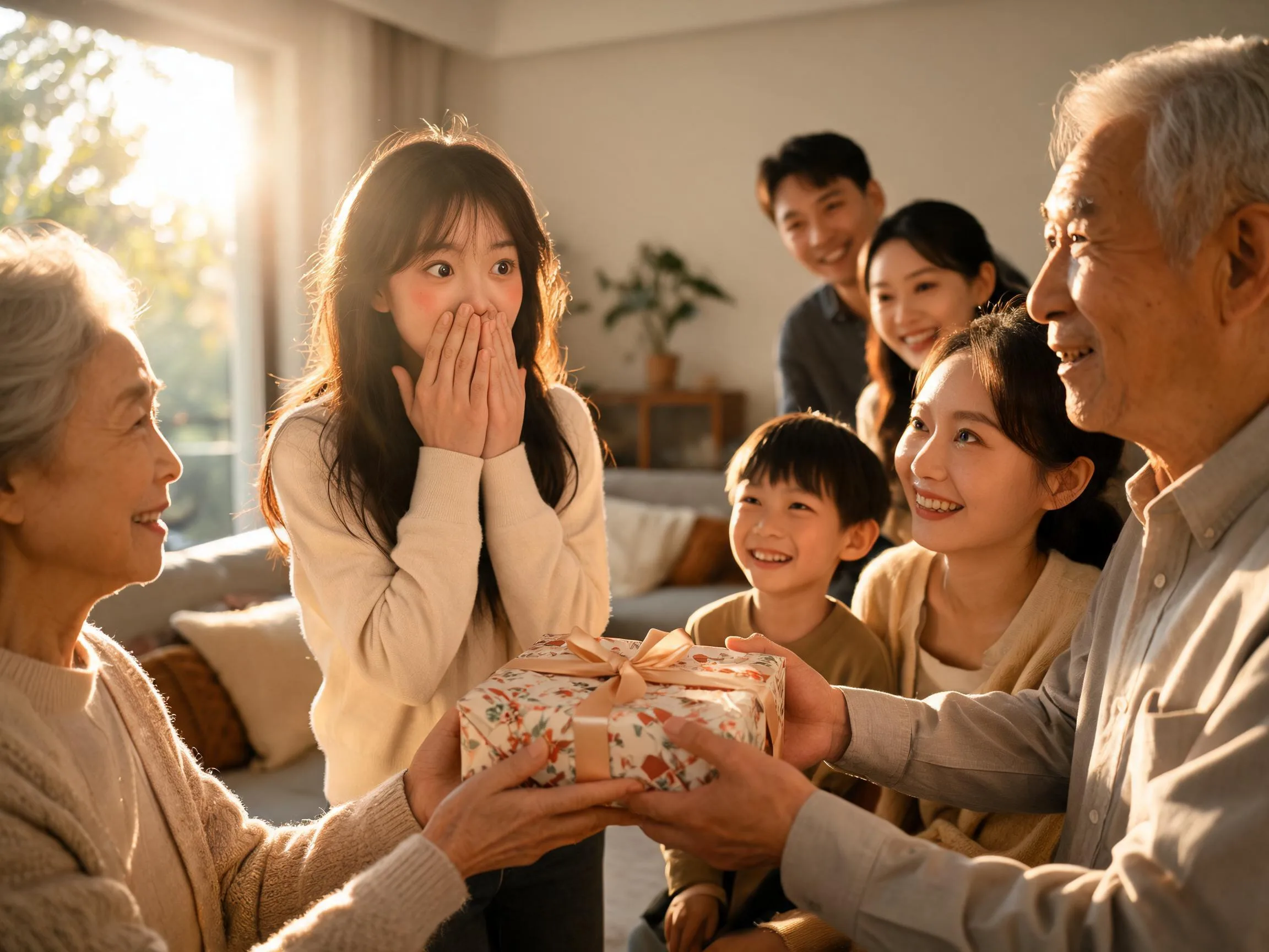 Family surprises teenage girl with unexpected gift, joyful genuine reaction, warm natural light.
