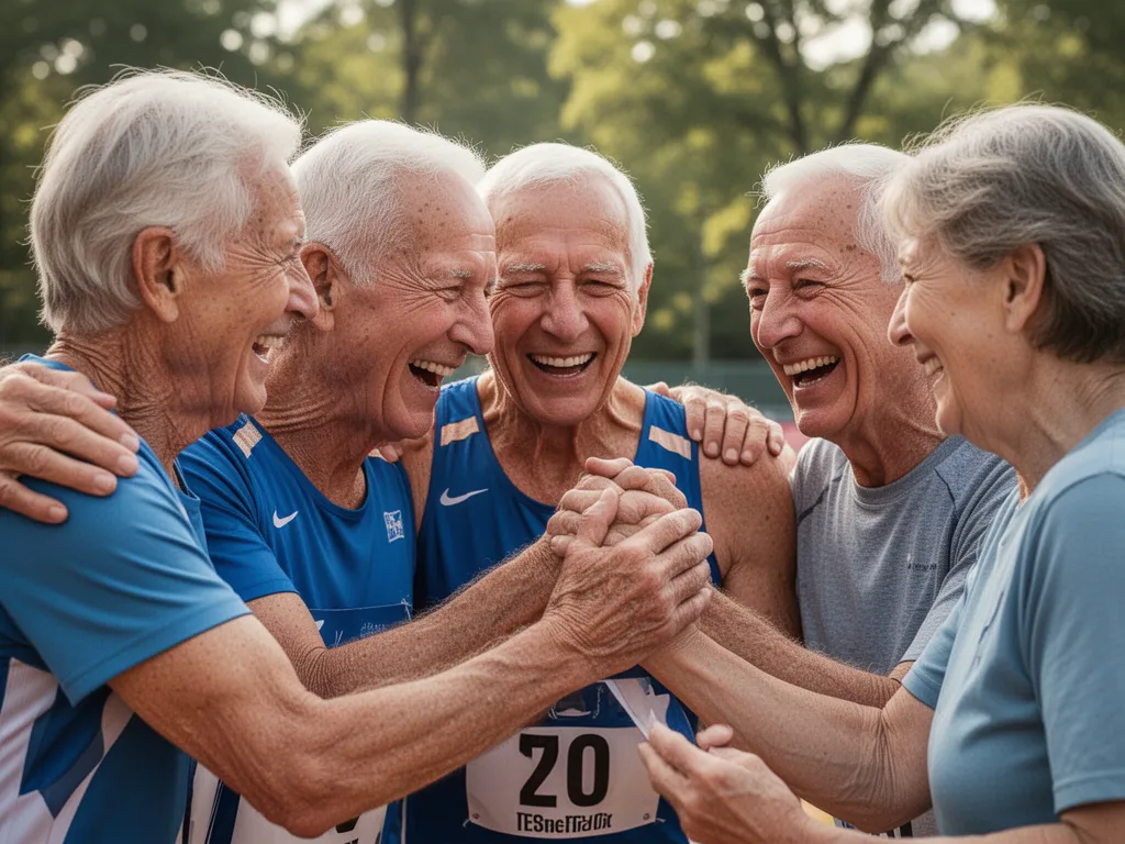 Senior athlete embracing family members in celebration after completing athletic competition