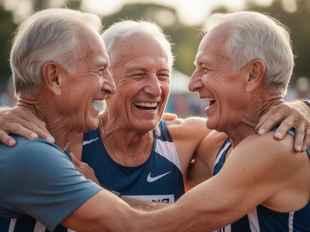 Senior athletes celebrating together showing emotion, camaraderie and joy after competition
