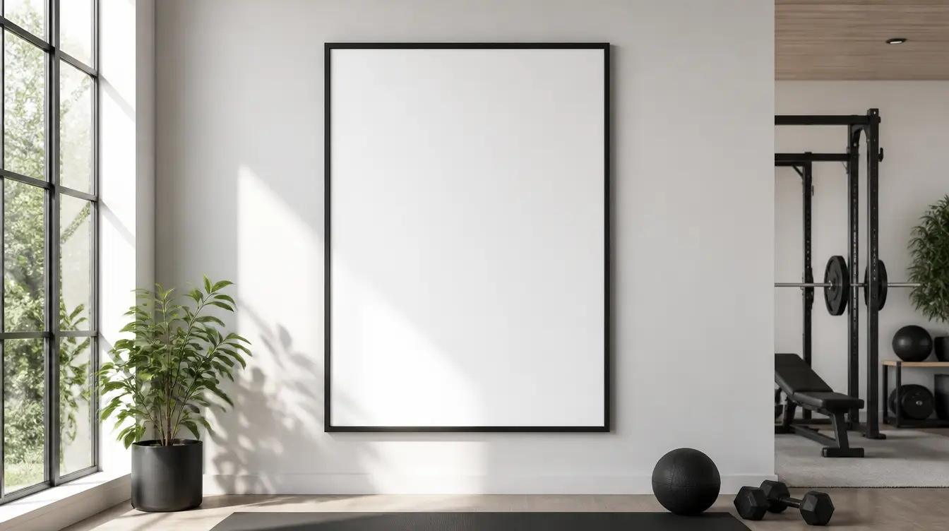 A blank vertical sports poster mounted on a wall in a bright room