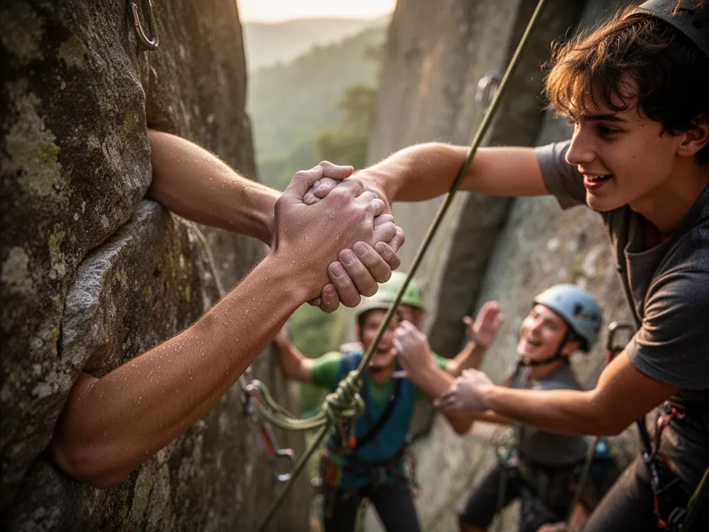 Close-up of climber's hands gripping stone with teammate below providing encouragement and support during climb.
