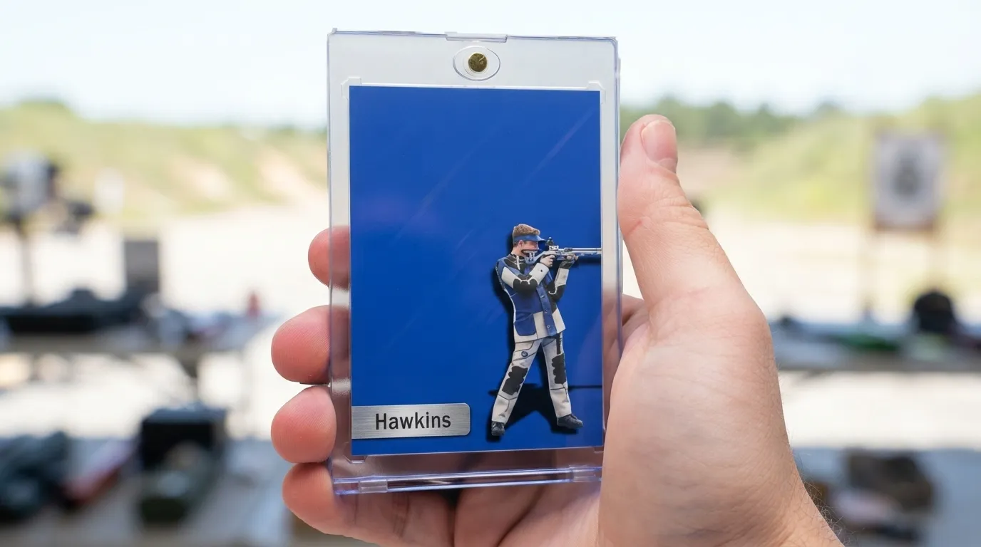 Hand holding magnetic case with shooting sports photography trading card of marksman athlete on blue field.