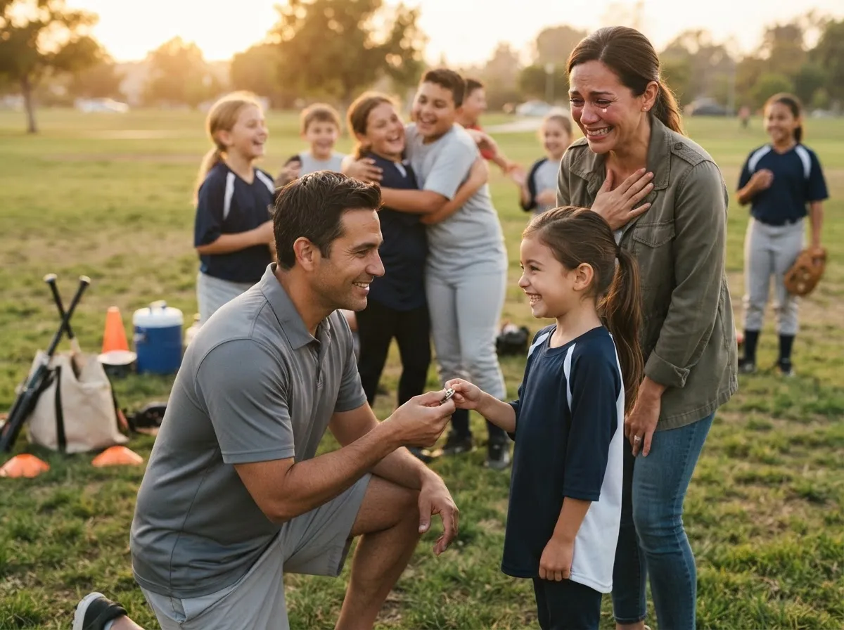 Coach and young athlete share proud emotional moment on sports field with cheering teammates.