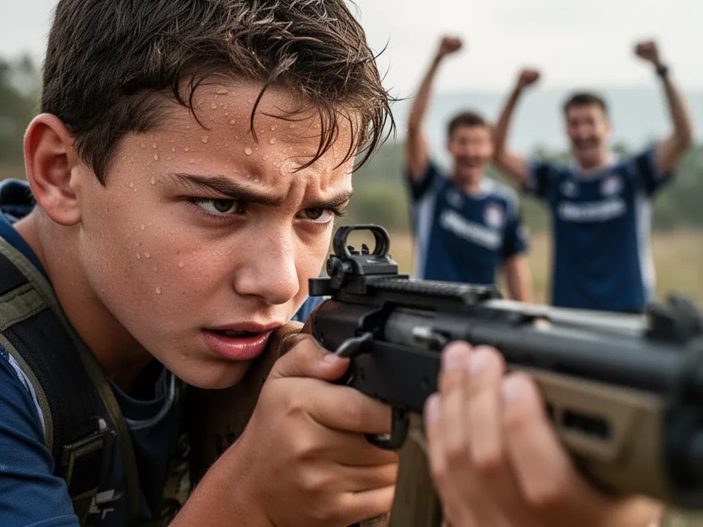Young shooter's concentrated face during competition with supportive teammates blurred in background