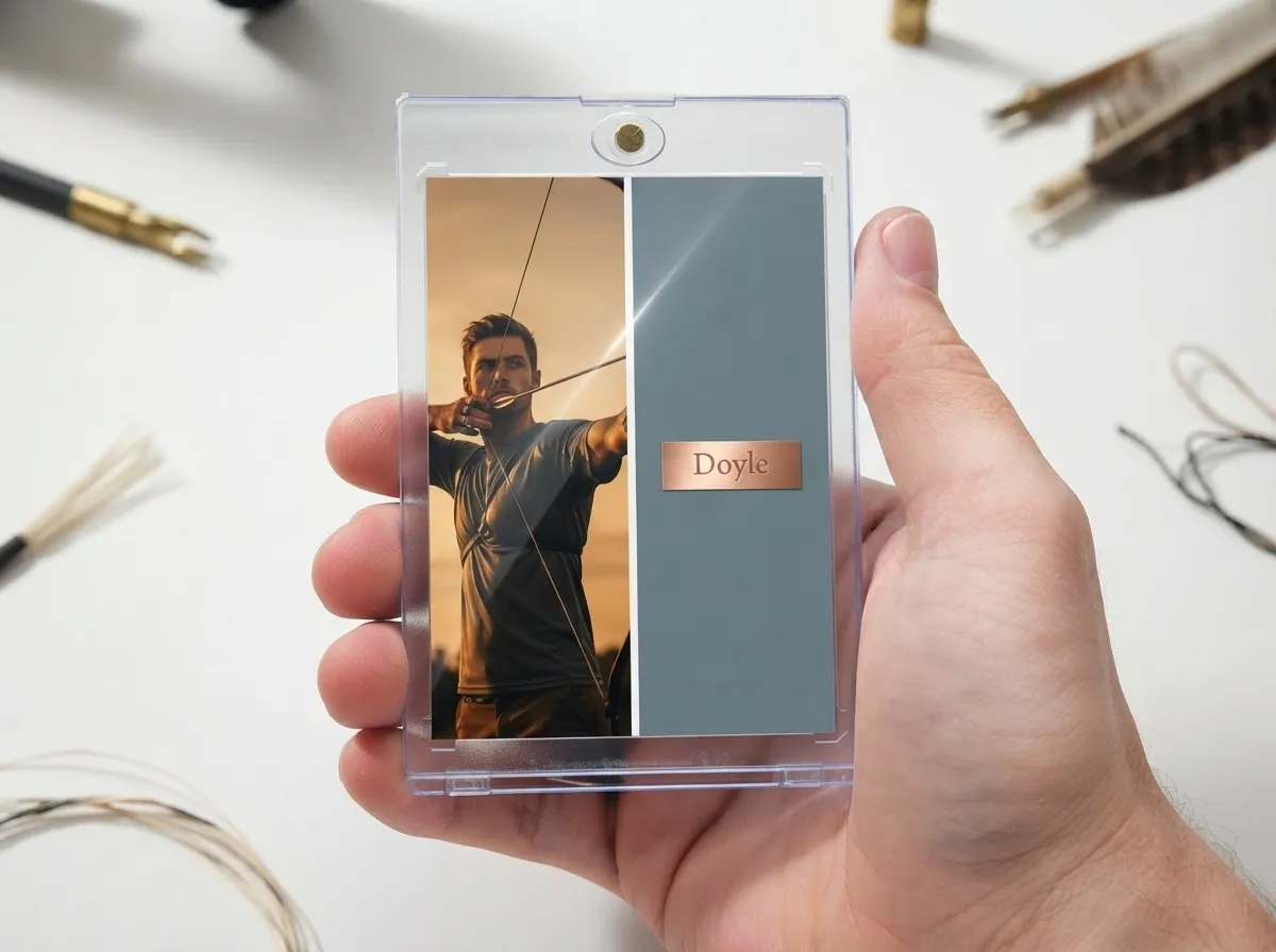 Magnetic case holding custom sports trading card of archer, split-panel design, on white tabletop.