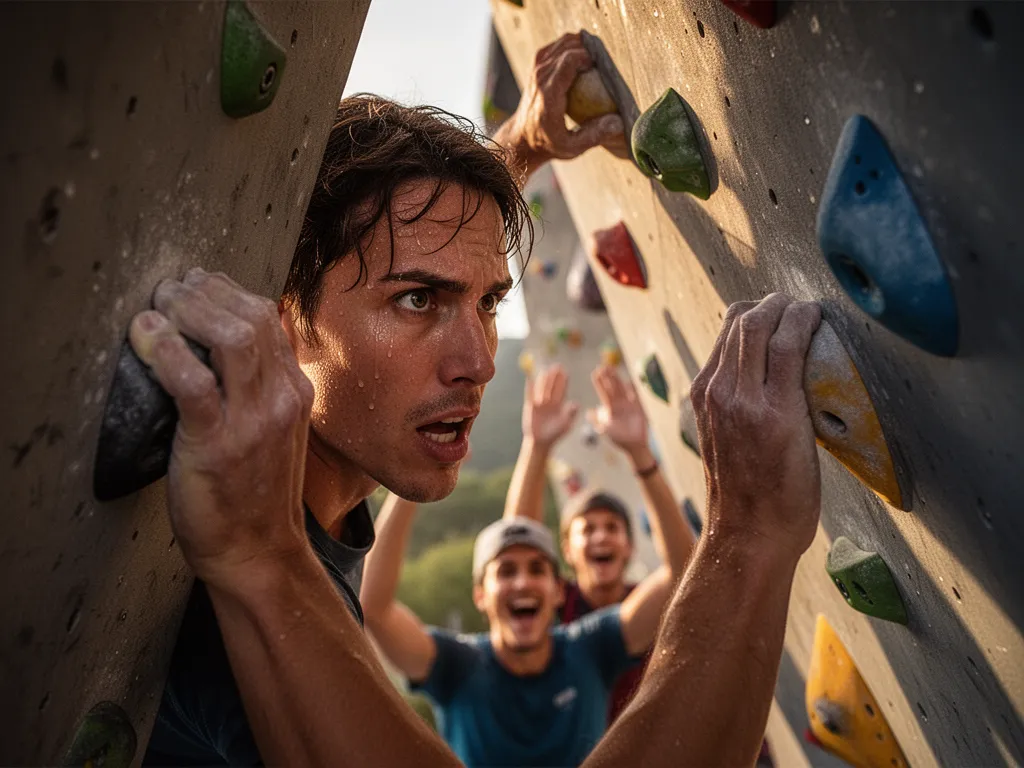 Rock climber's concentrated expression and hands gripping climbing wall during ascent attempt