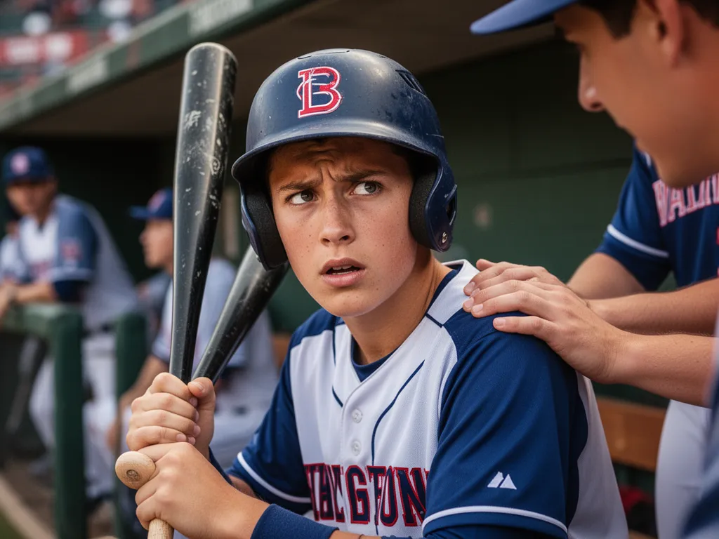 Young player in dugout showing focus with teammate offering encouragement and support