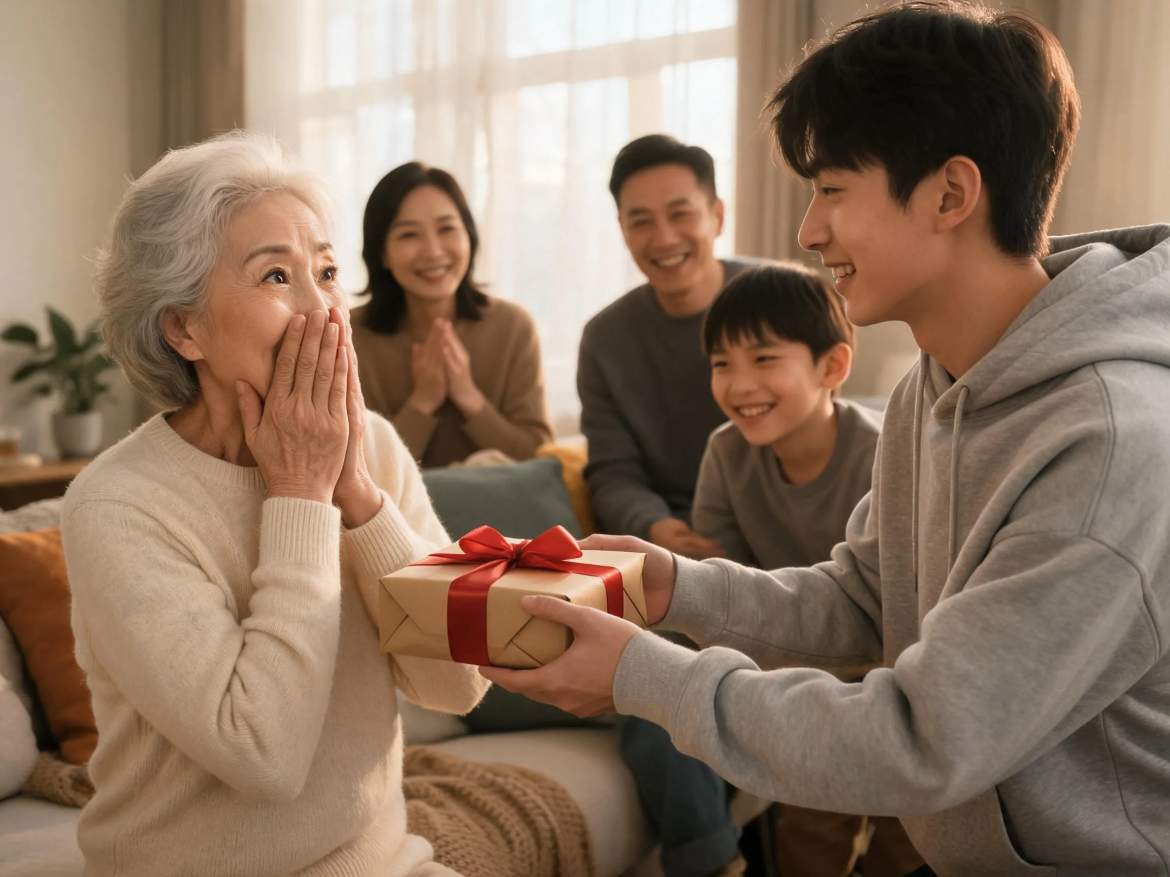 Family surprising grandmother with unexpected gift, warm candid emotional living room moment.