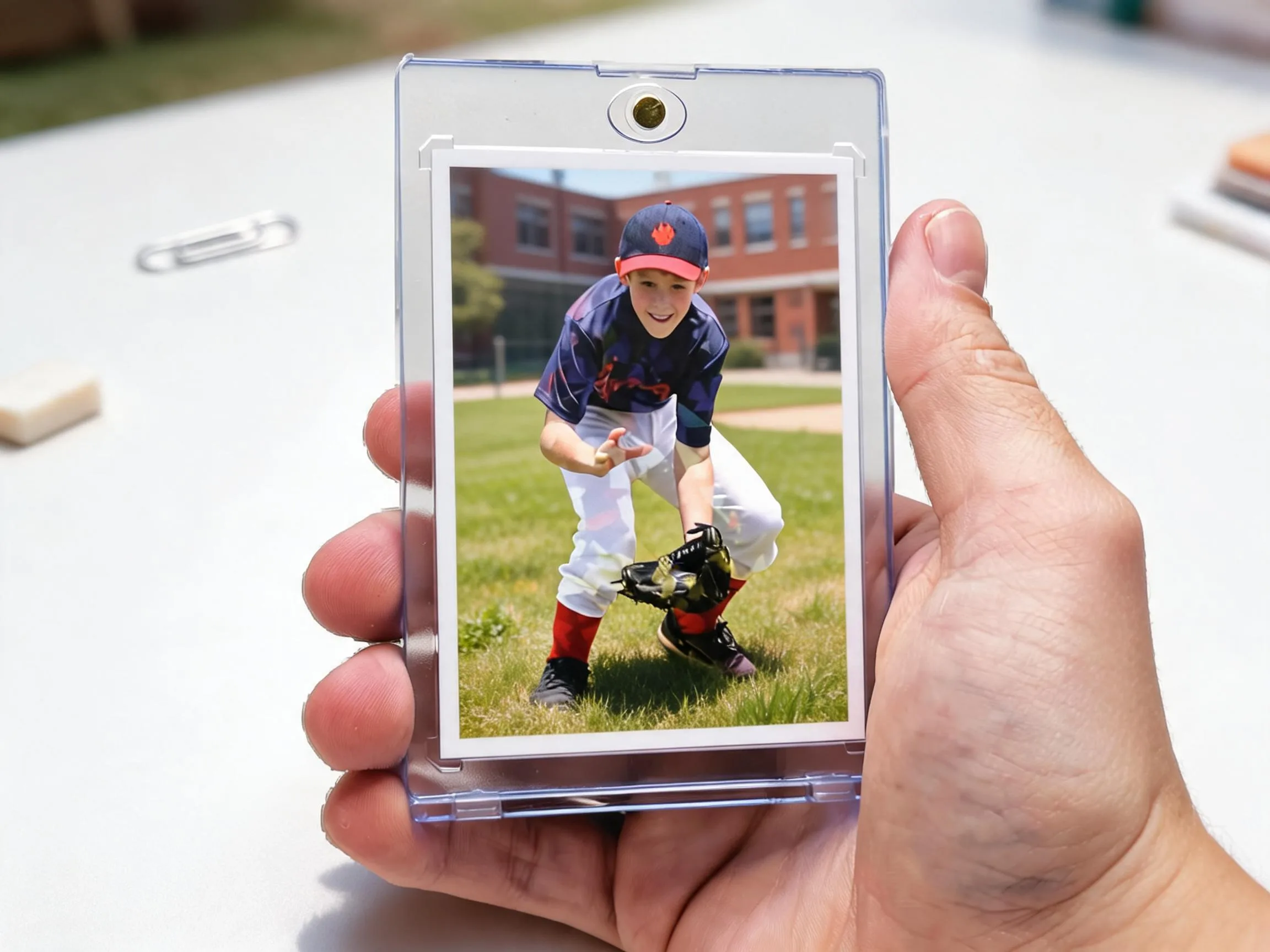 Custom keepsake trading card in clear magnetic case on white tabletop display.