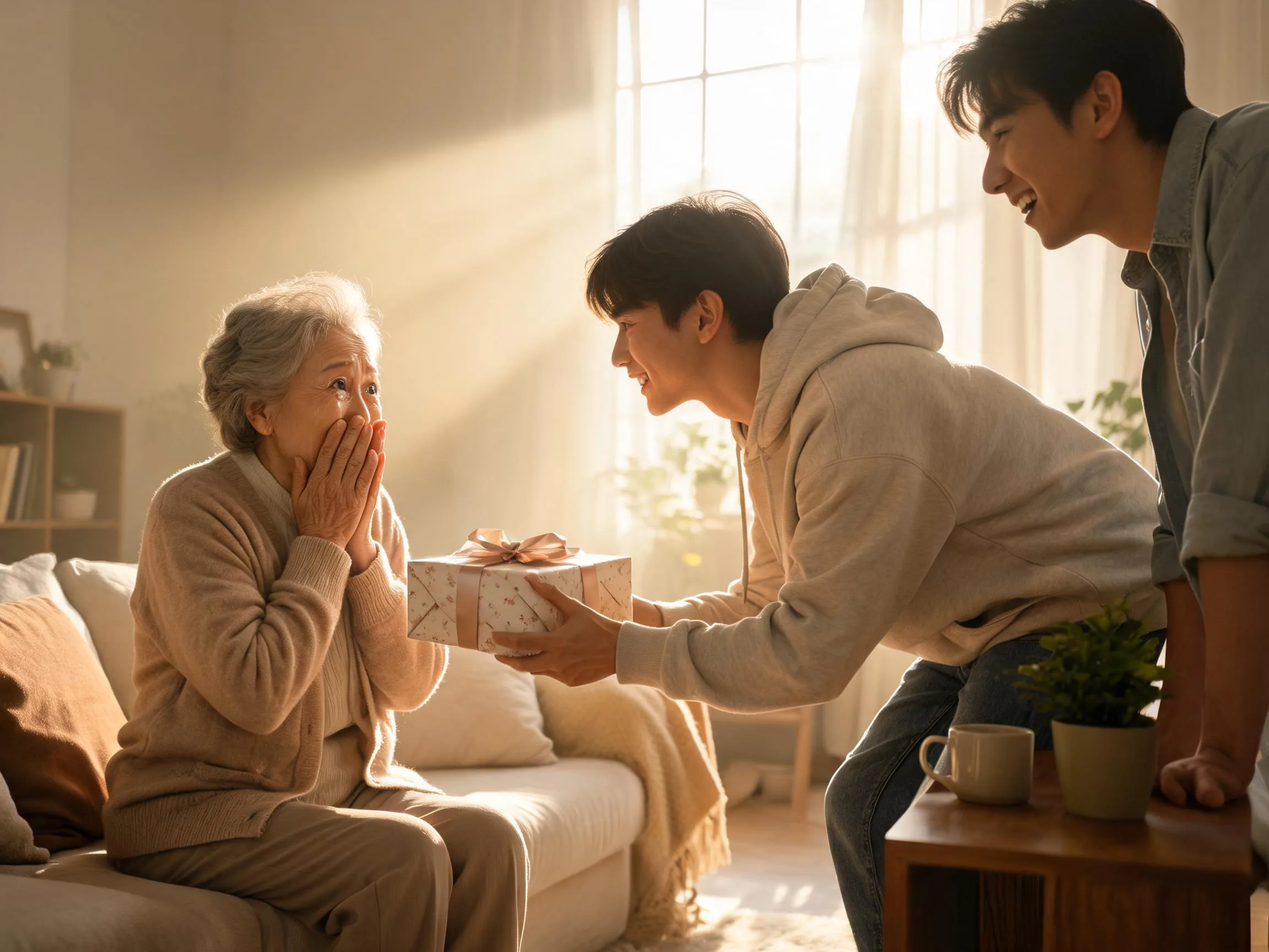 Grandmother reacting with joyful surprise to an unexpected gift from family member.