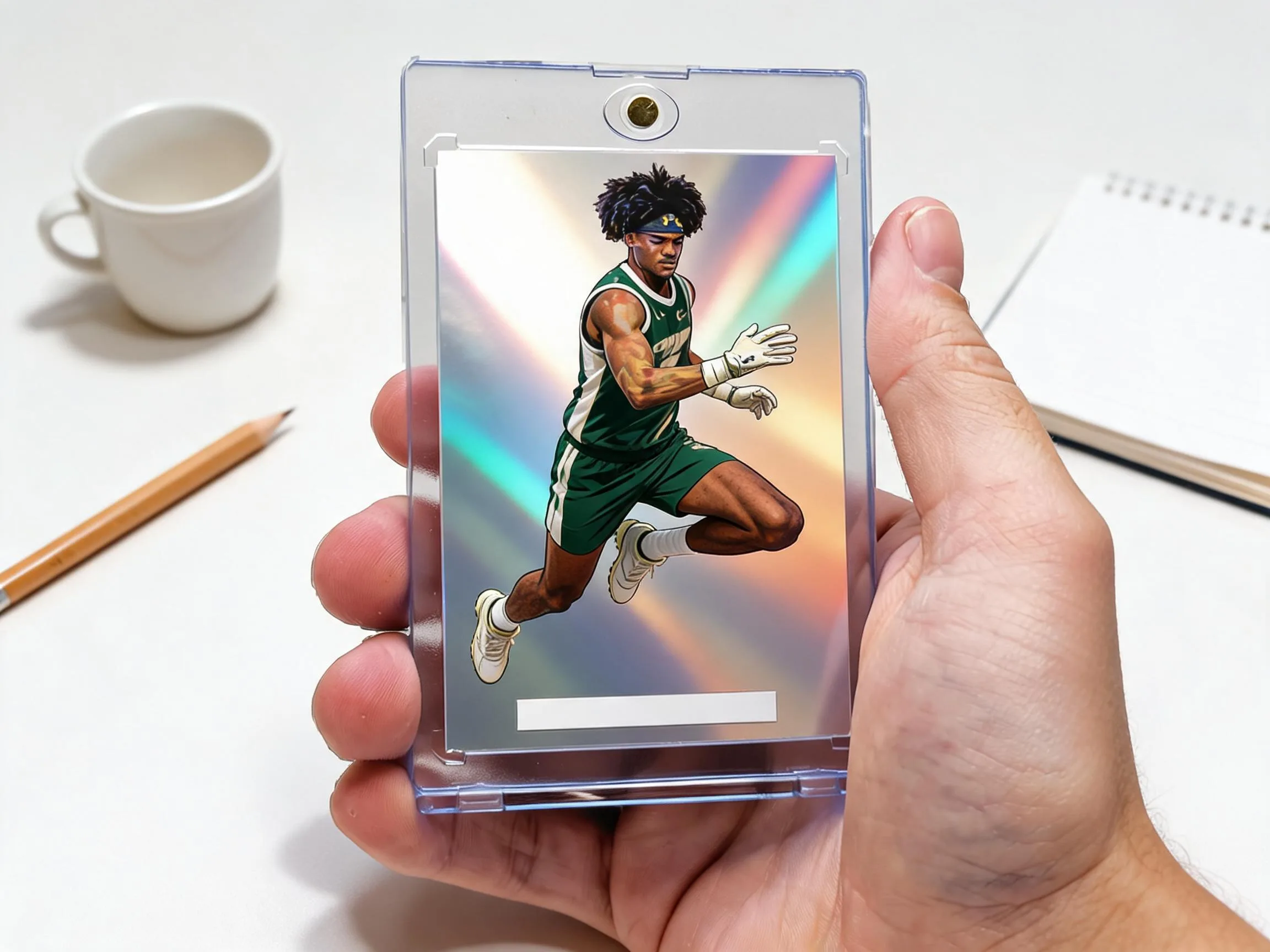 Custom keepsake trading card in a clear magnetic case on white tabletop.