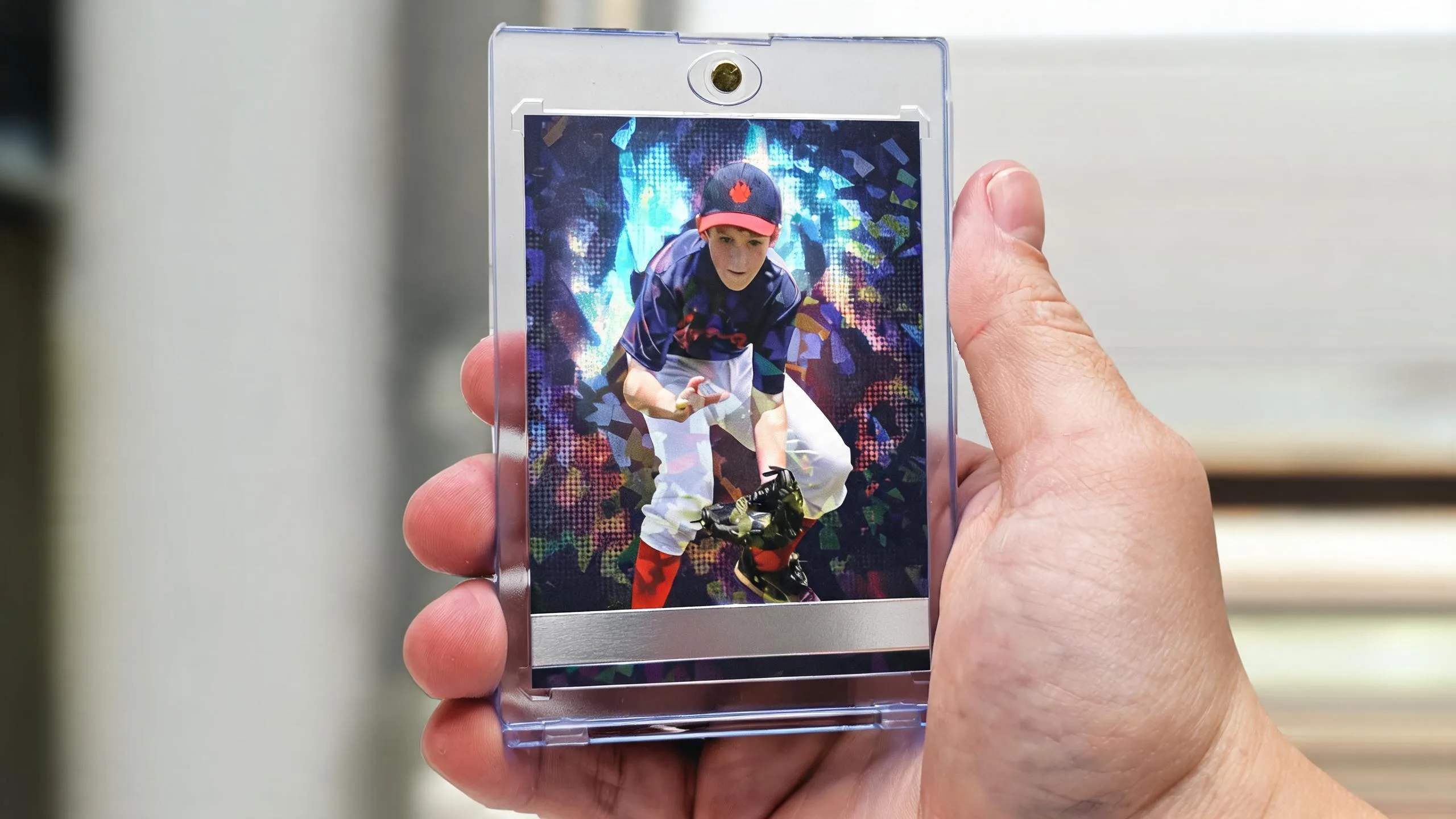 Hand holding magnetic case with blank action card, illustrating size of trading cards standard.