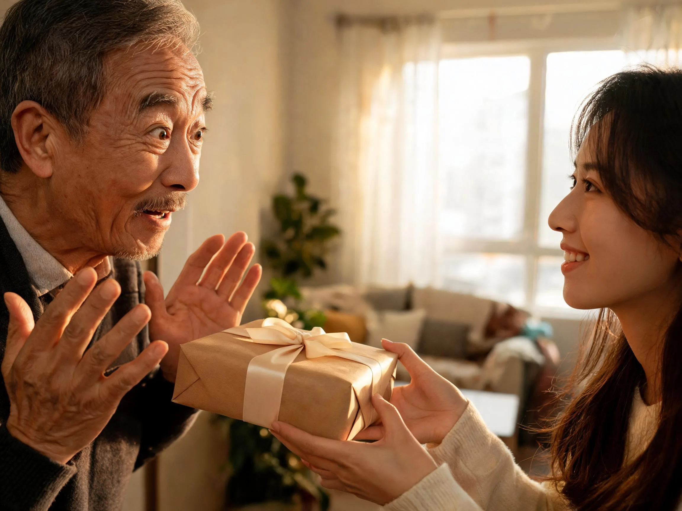Elderly man reacts with joyful surprise receiving an unexpected gift indoors.