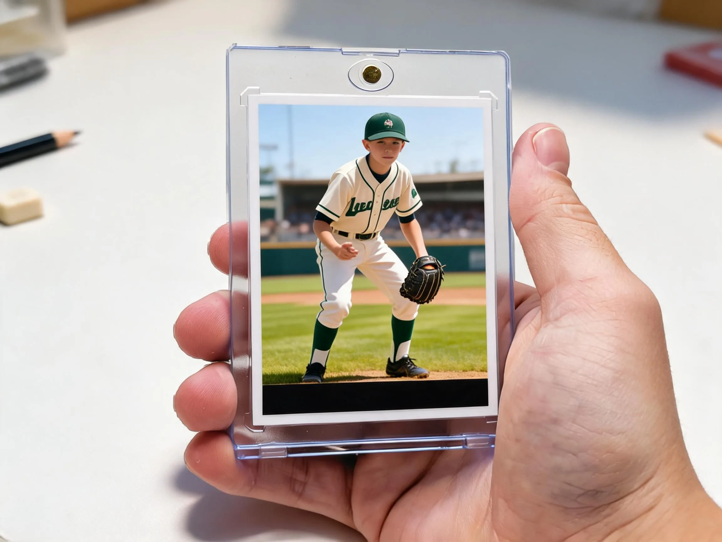 Custom keepsake trading card in magnetic case resting on sunlit white tabletop.