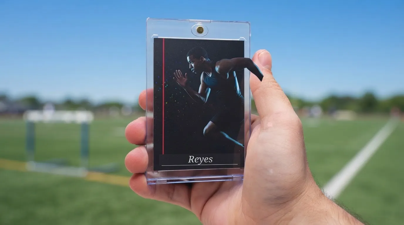 Hand holding magnetic case with small award plaques trading card of sprinter under rim light.