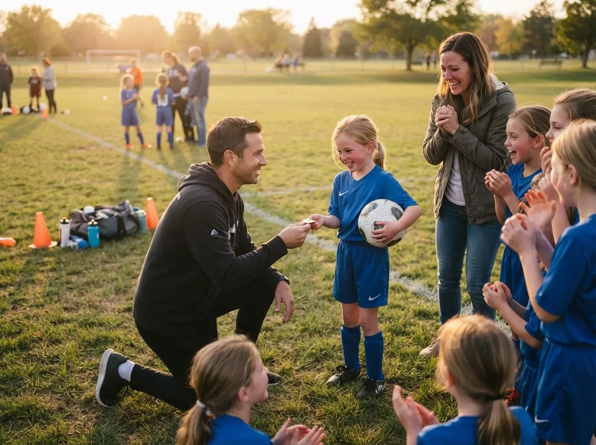 Coach and proud parent celebrate with young athlete surrounded by cheering teammates outdoors.