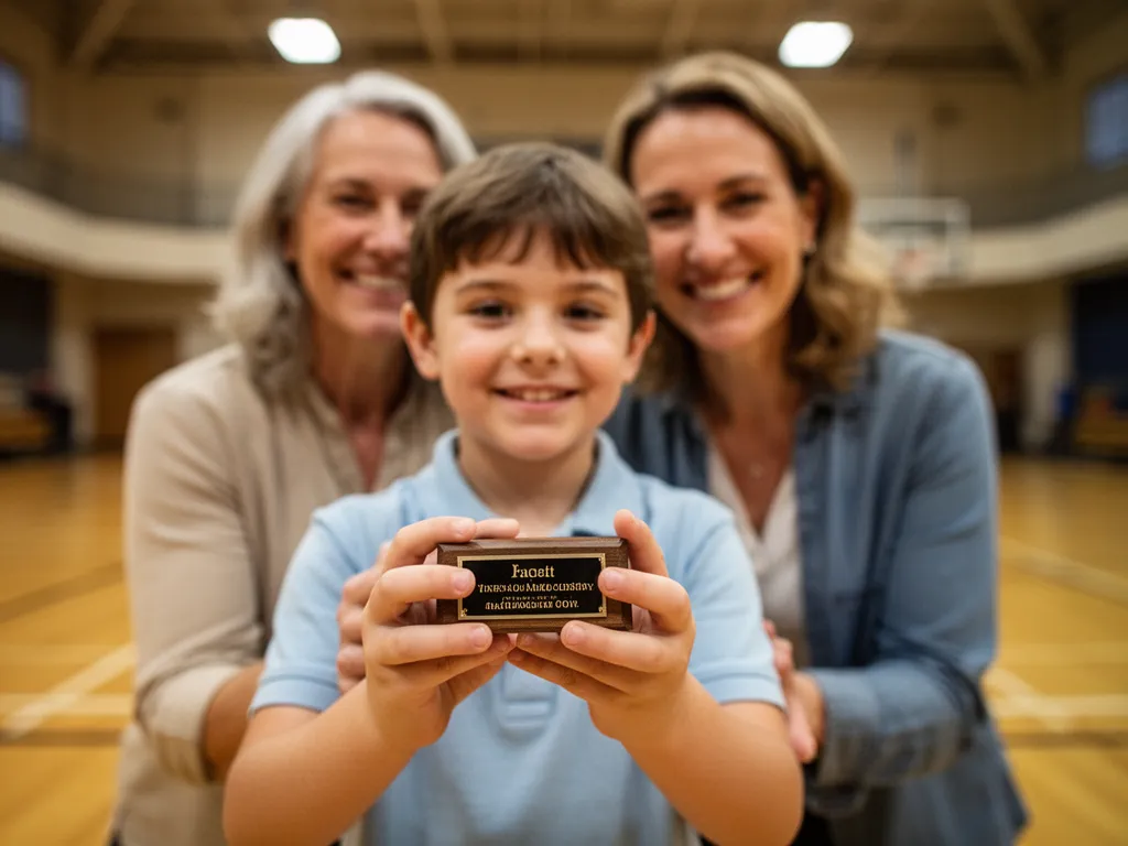 Child's hands holding a small award plaque with proud parents smiling in background