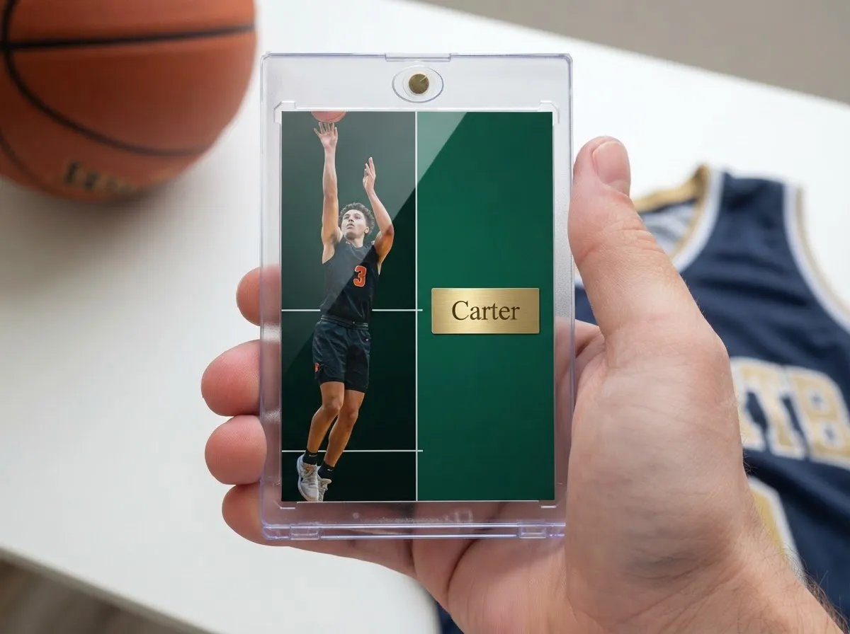 Custom sports trading card in magnetic case showing split-panel basketball design with gold nameplate.