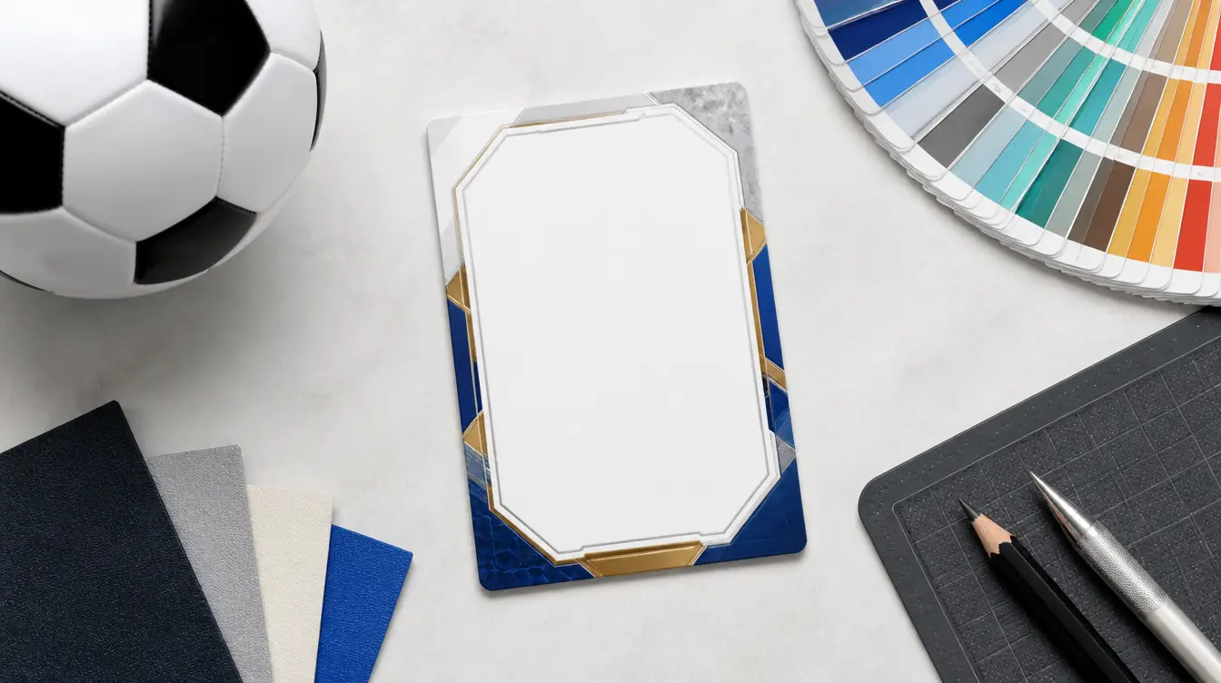 A blank soccer trading card on a designer desk beside a soccer ball