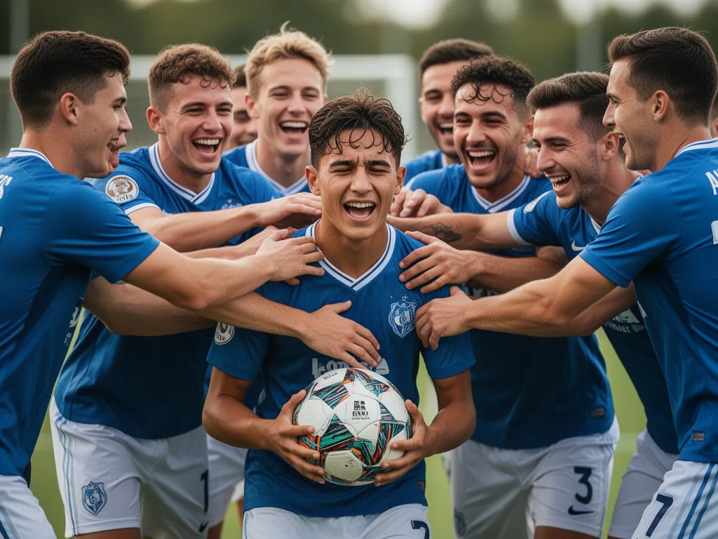 Young soccer player celebrates with teammates after scoring a goal on field