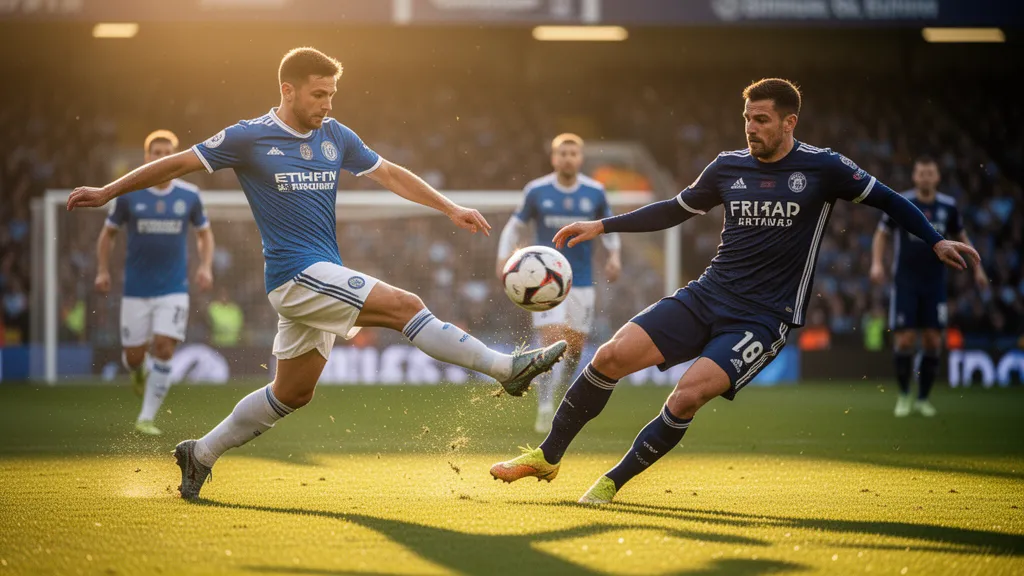 Soccer players in action during match with ball in flight and dynamic movement
