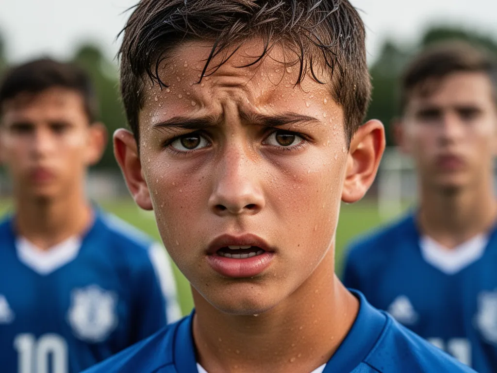 Young soccer player with determined expression during competitive match play