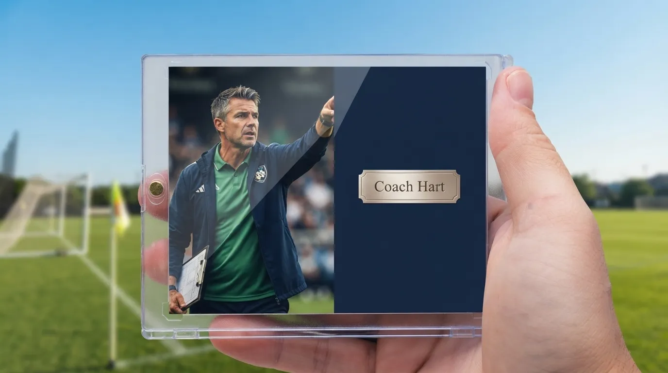 Hand holding magnetic case with soccer coach gift ideas trading card, split photo-and-foil design.