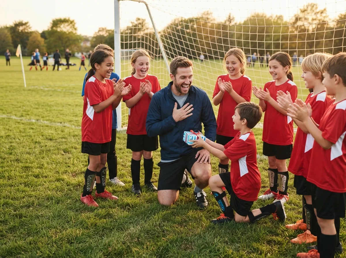 Youth soccer players surprise their coach with a heartfelt gift on the pitch.