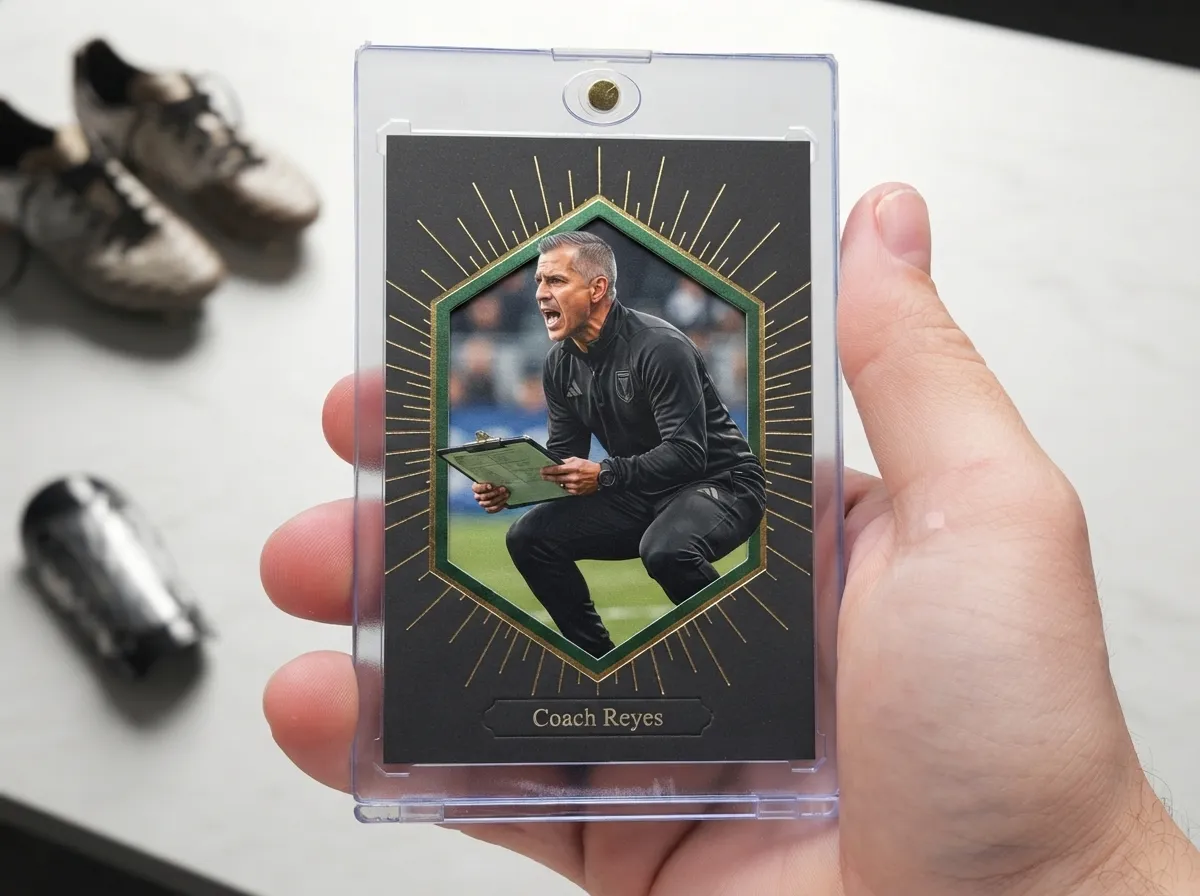 Custom soccer trading card in magnetic case, gold foil burst design with die-cut window.