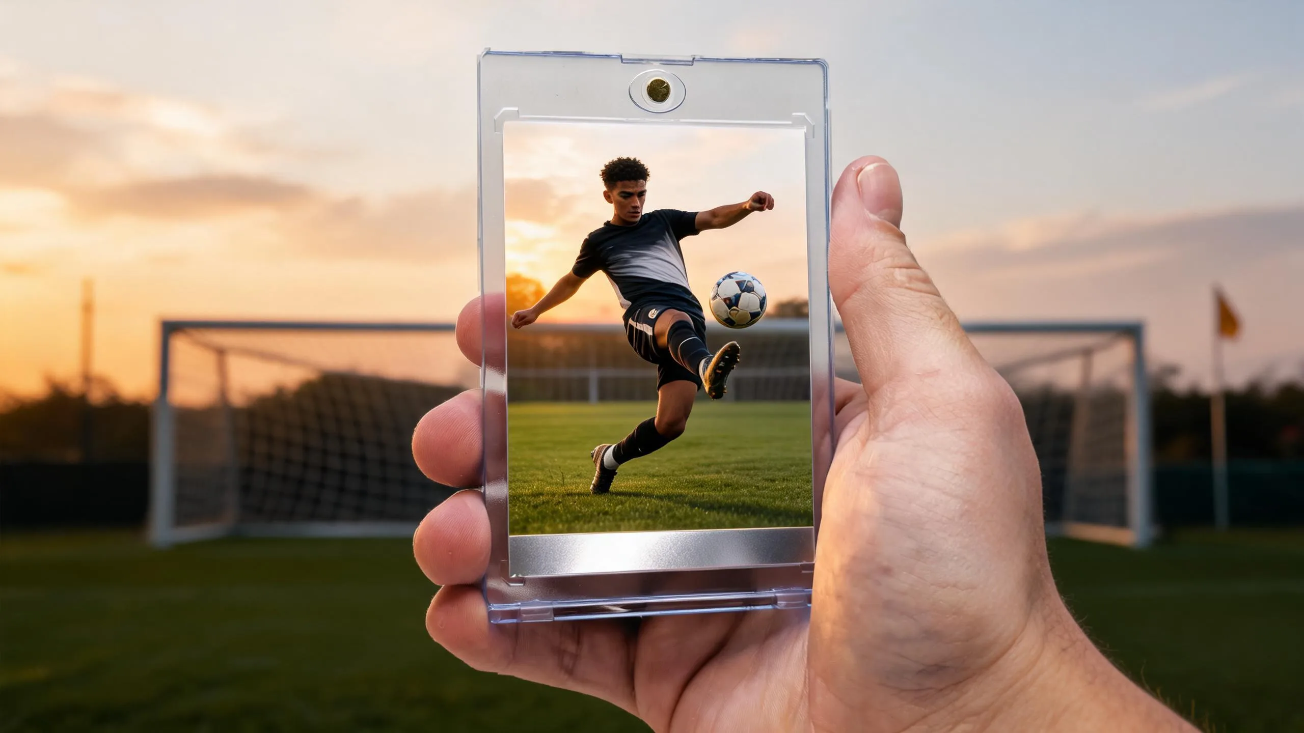 Hand holding magnetic case with custom soccer player card maker action card, golden-hour pitch background.