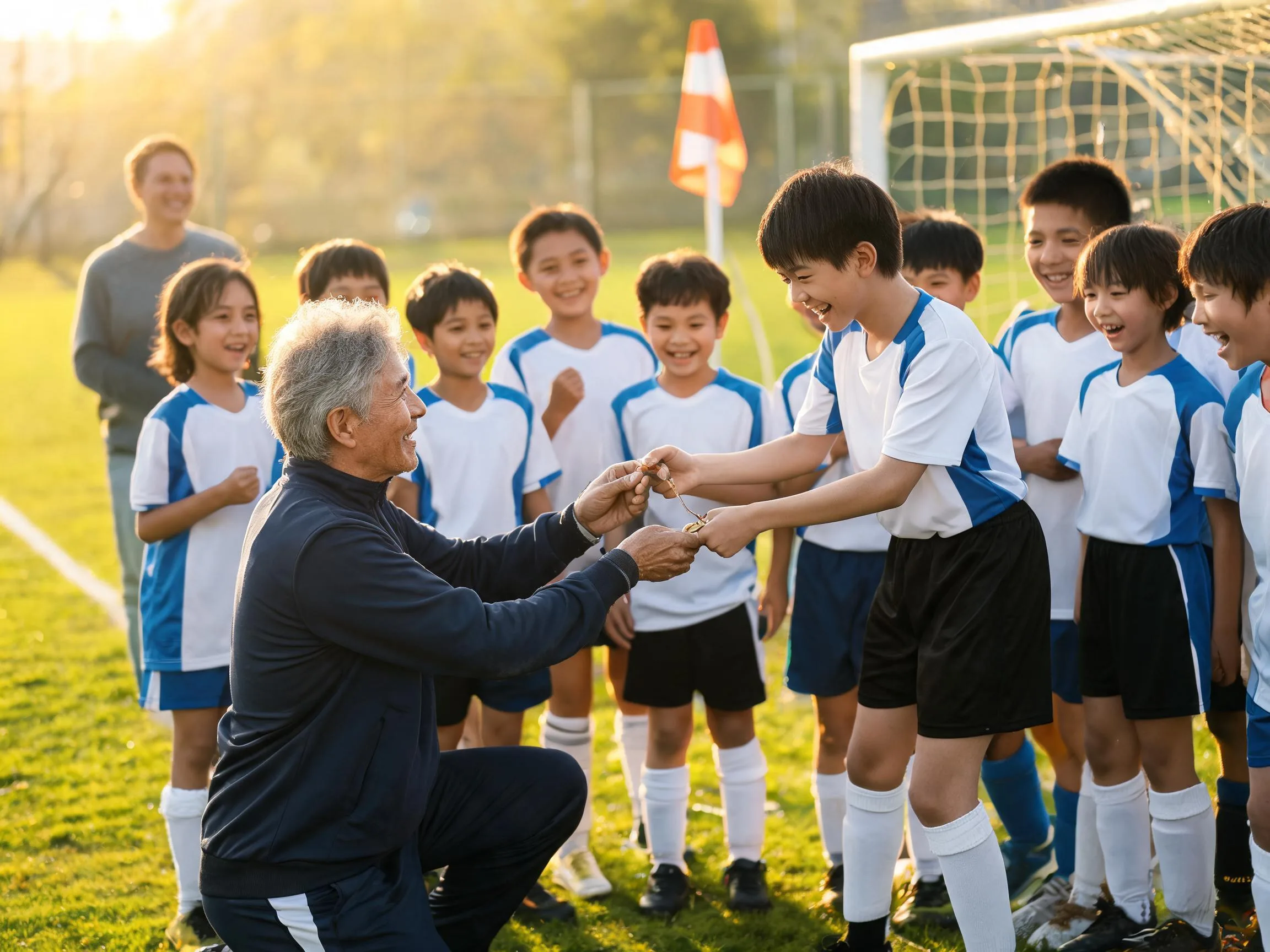 Coach and young soccer player share a warm celebratory moment on sunny pitch.