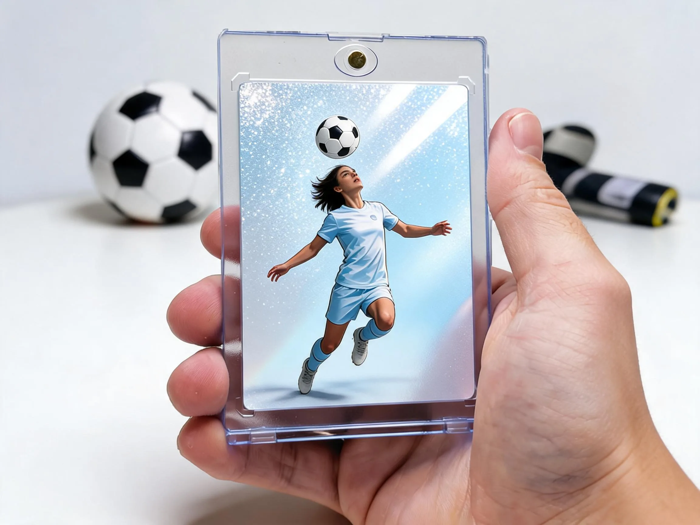 Custom soccer trading card in clear magnetic case, icy silver-blue refractor design, close-up.