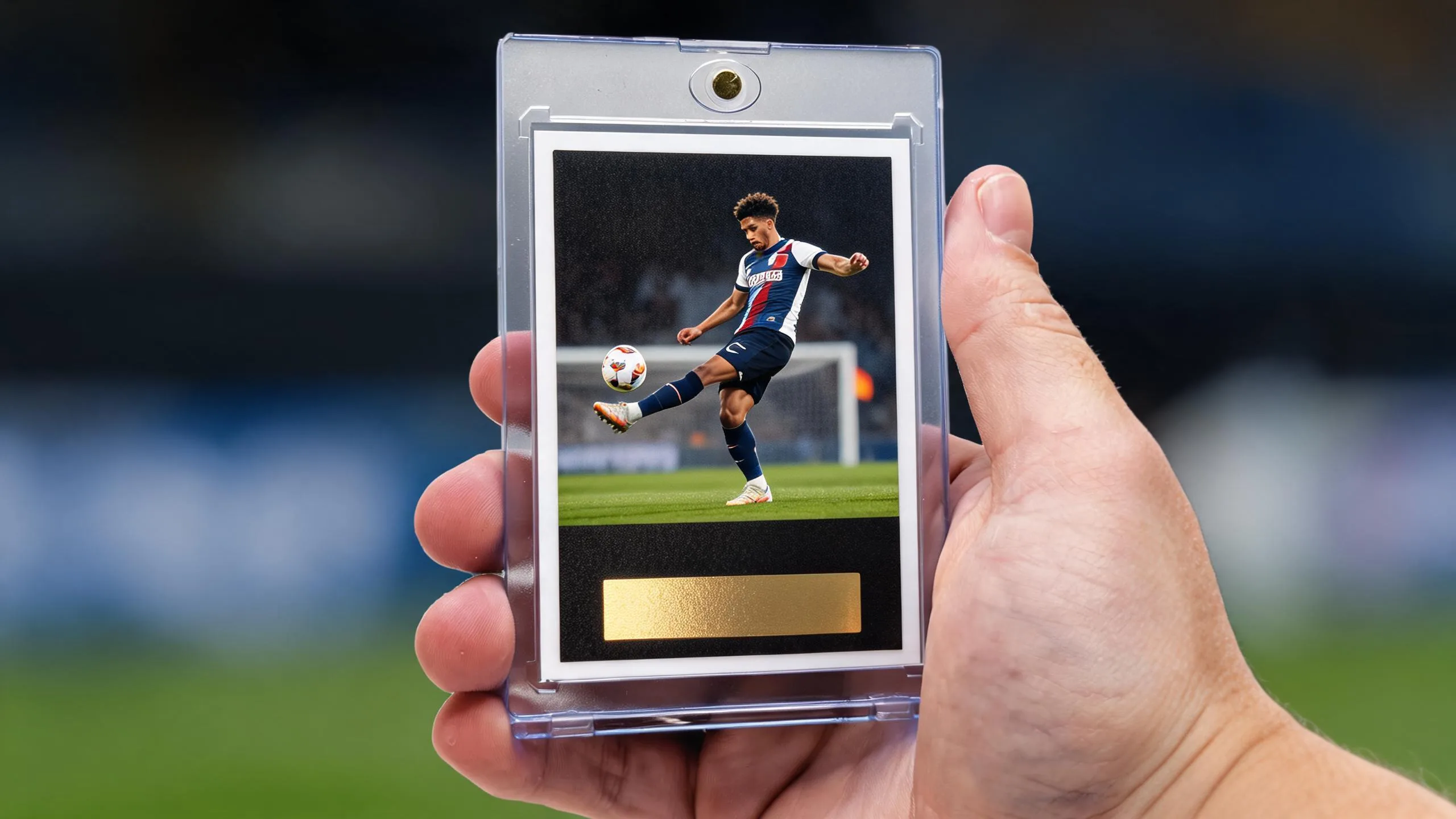 Hand holds magnetic case with premium dark soccer senior banner poses free-kick card design.