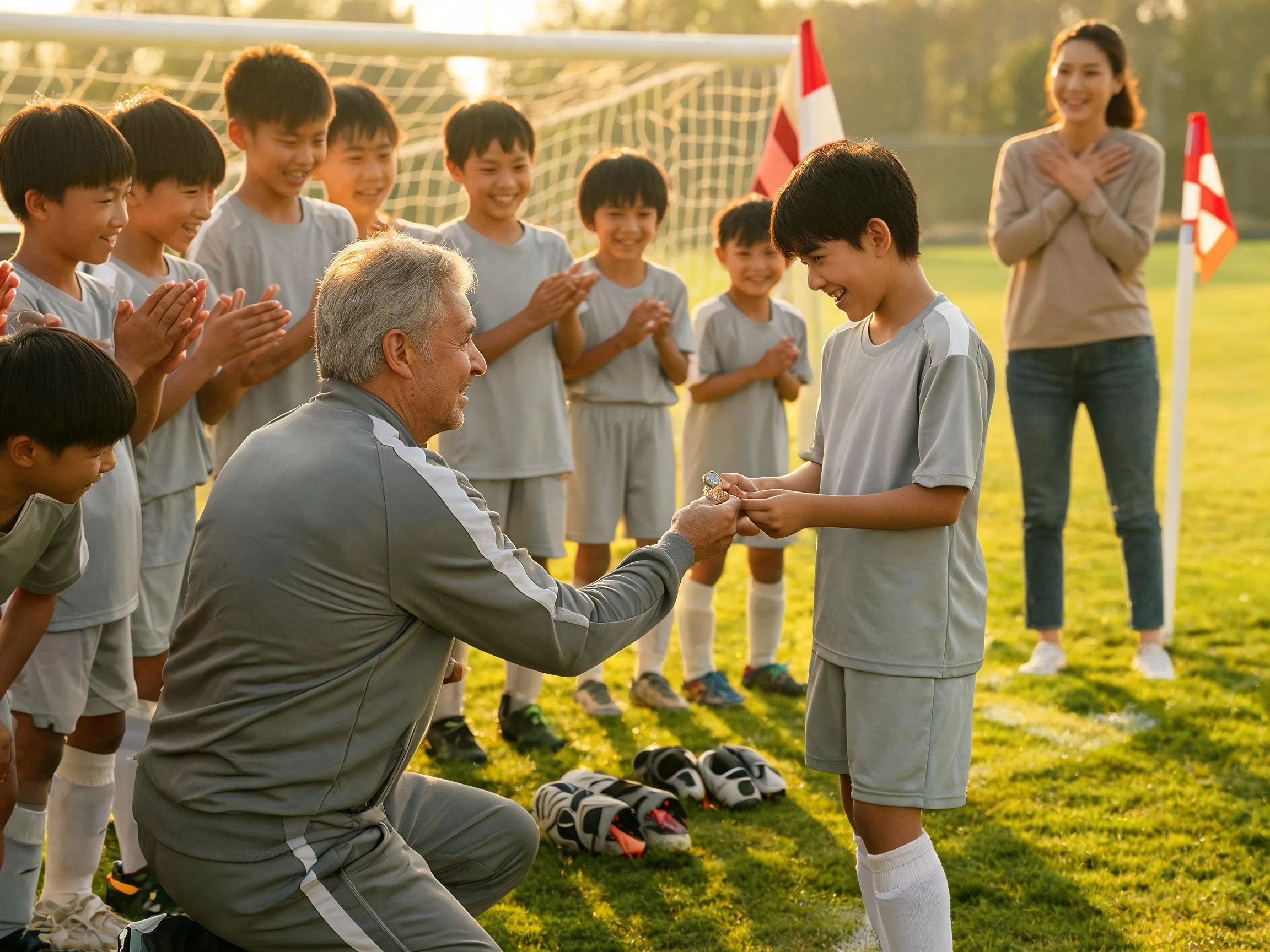 Coach and young soccer player share proud emotional moment on sunny grass field.