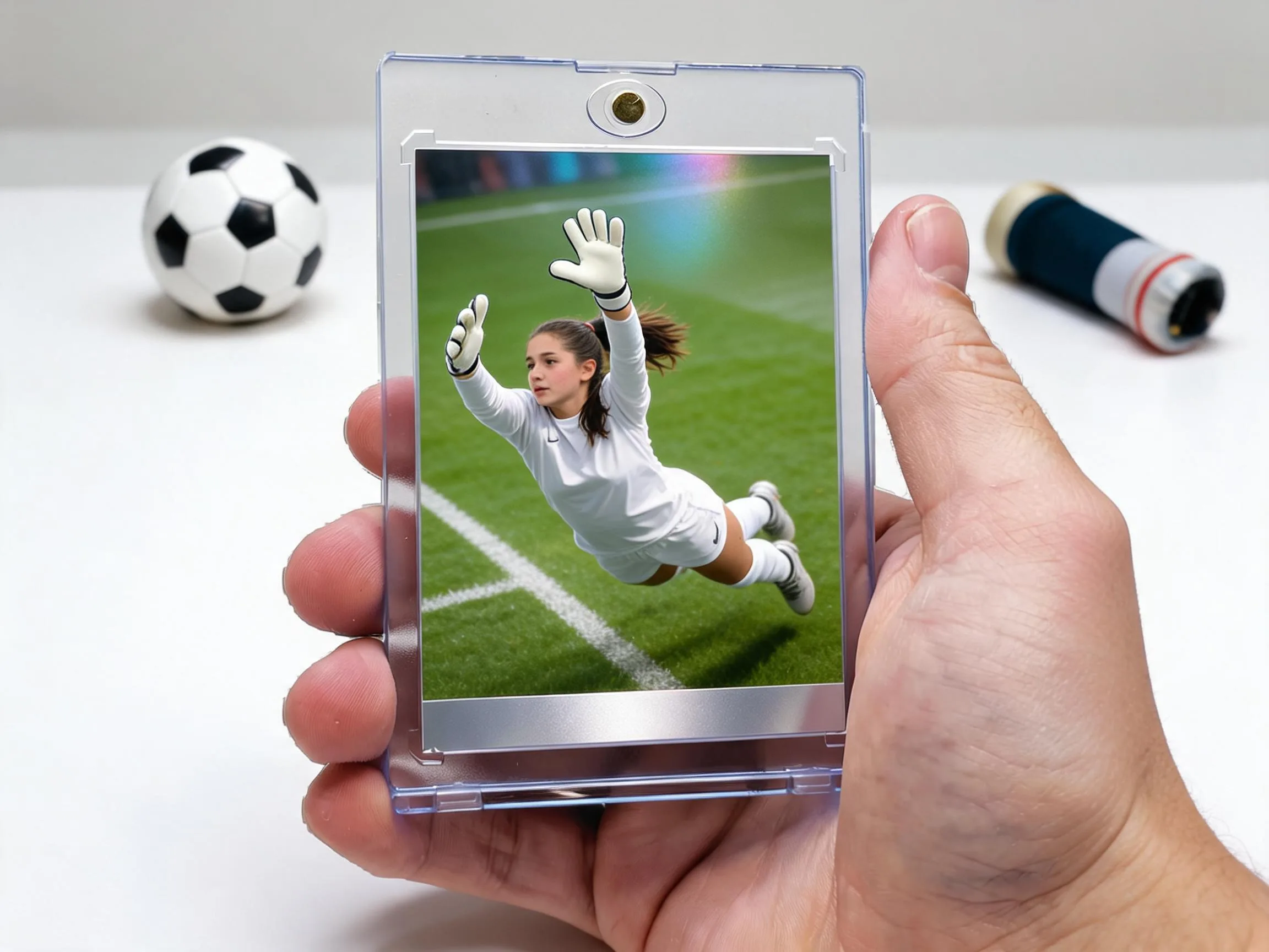Custom soccer trading card in magnetic case showing diving goalkeeper save, chrome finish.
