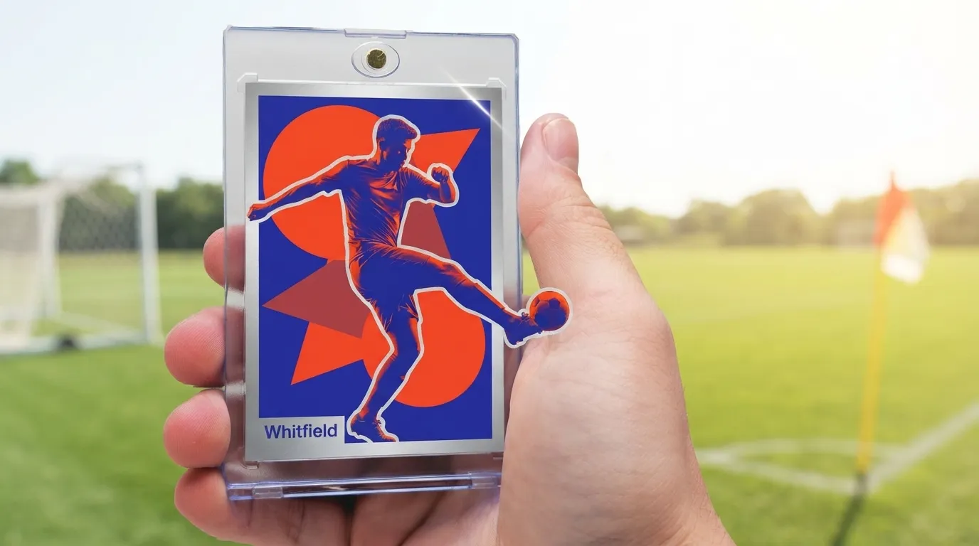 Hand holding magnetic case with duotone soccer senior night posters card of player volleying ball.